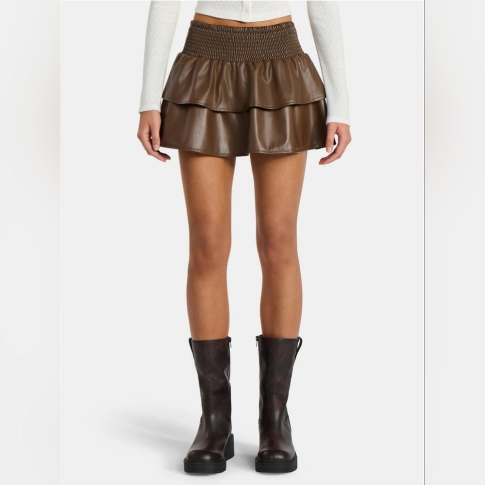 No Boundaries Brown Faux Leather Tiered Mini Skirt - Picture 3 of 7